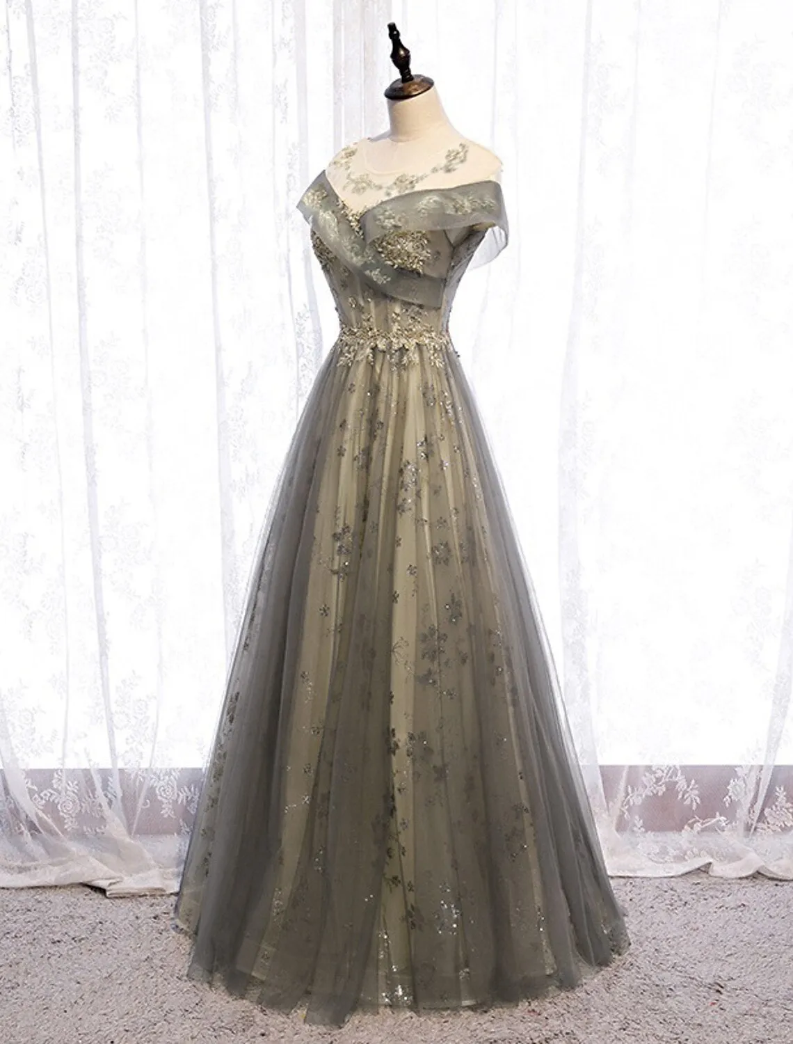 Aimishang  A-Line Evening Gown Elegant Dress Wedding Guest Floor Length Short Sleeve Illusion Neck Tulle with Pleats