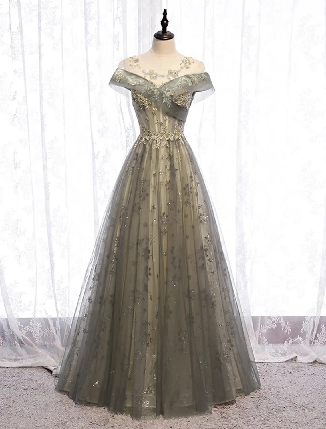 Aimishang  A-Line Evening Gown Elegant Dress Wedding Guest Floor Length Short Sleeve Illusion Neck Tulle with Pleats