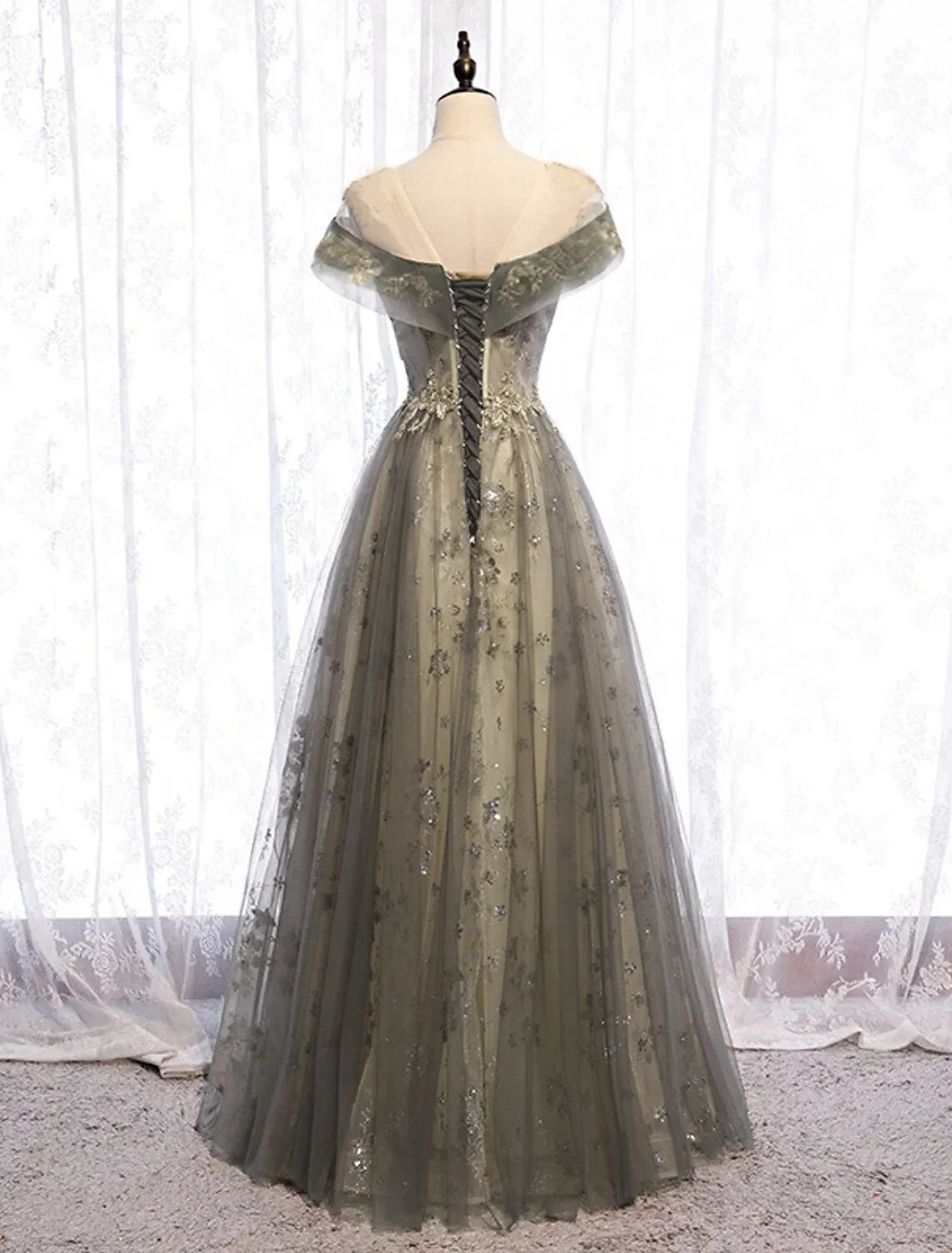 Aimishang  A-Line Evening Gown Elegant Dress Wedding Guest Floor Length Short Sleeve Illusion Neck Tulle with Pleats