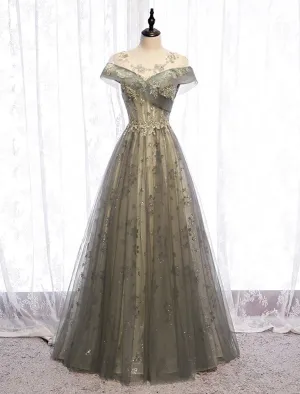 Aimishang  A-Line Evening Gown Elegant Dress Wedding Guest Floor Length Short Sleeve Illusion Neck Tulle with Pleats