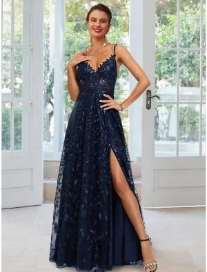 Aimishang  A-Line Evening Gown Floral Dress Formal Floor Length Sleeveless Spaghetti Strap Satin with Slit Appliques