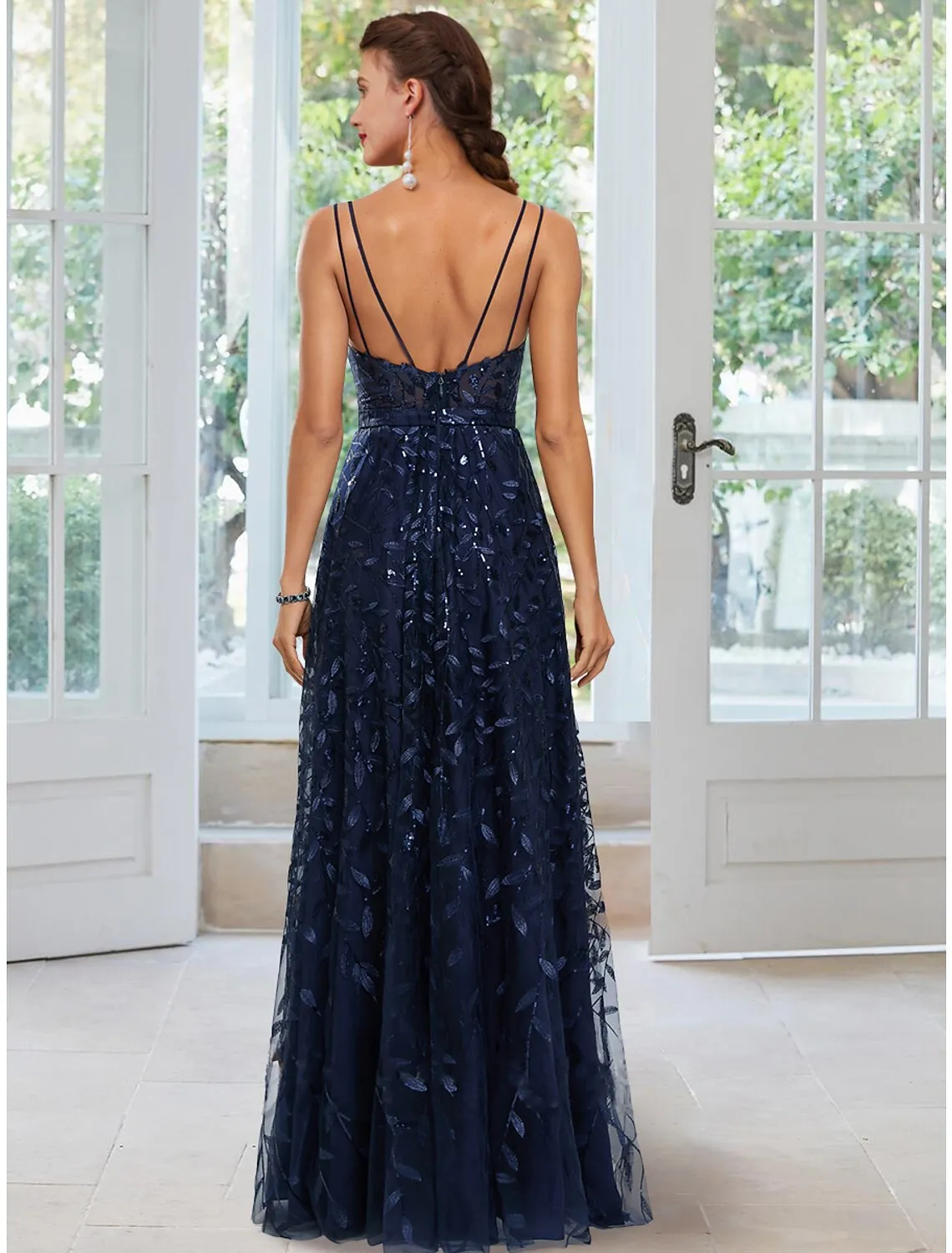 Aimishang  A-Line Evening Gown Floral Dress Formal Floor Length Sleeveless Spaghetti Strap Satin with Slit Appliques