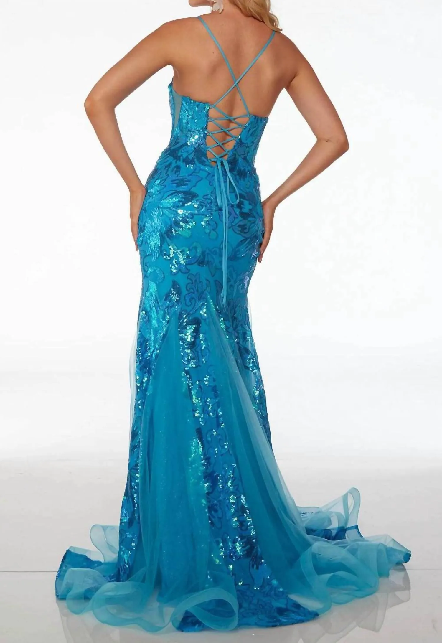 Alyce Paris - Sequin Leg Slit With Lace-up Gown