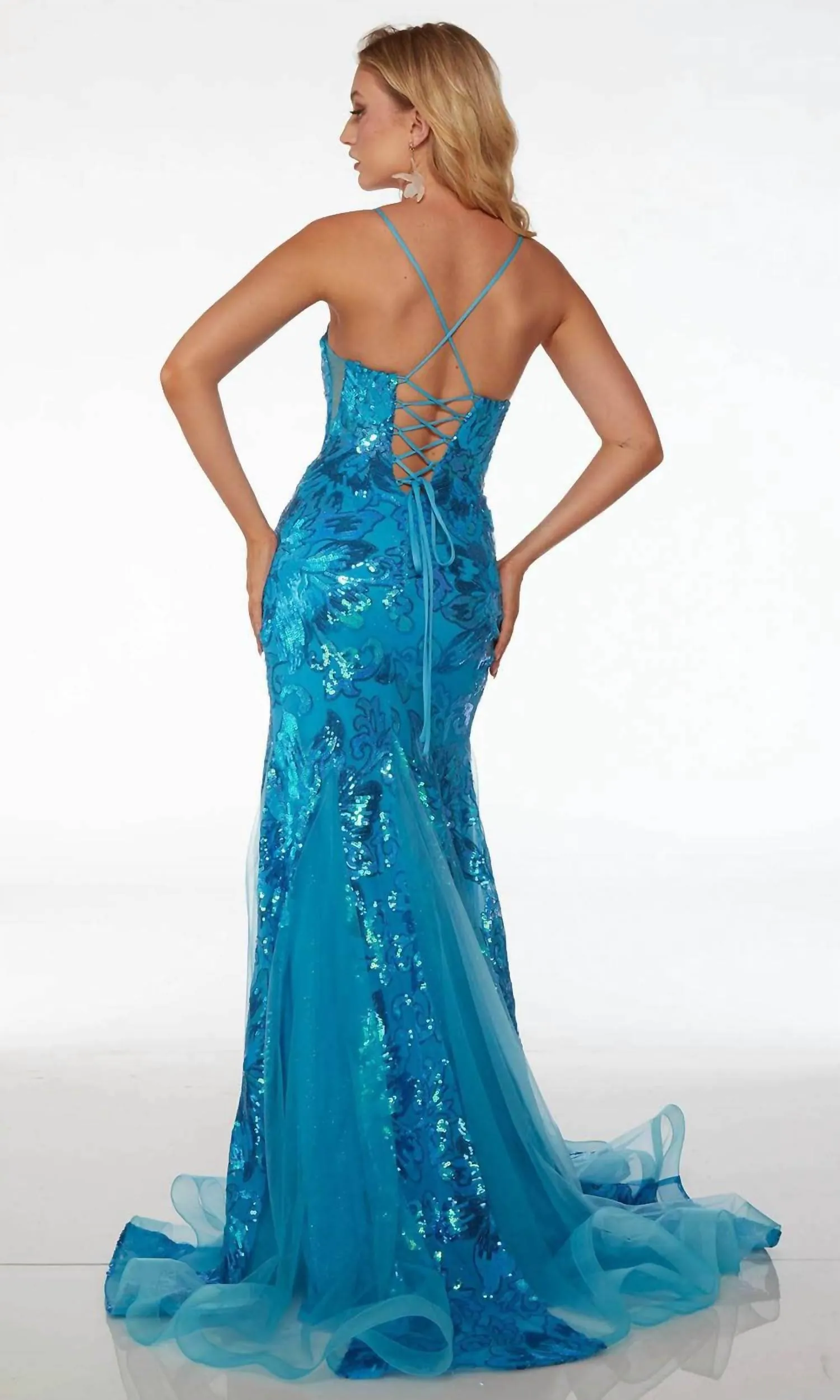 Alyce Paris - Sequin Leg Slit With Lace-up Gown