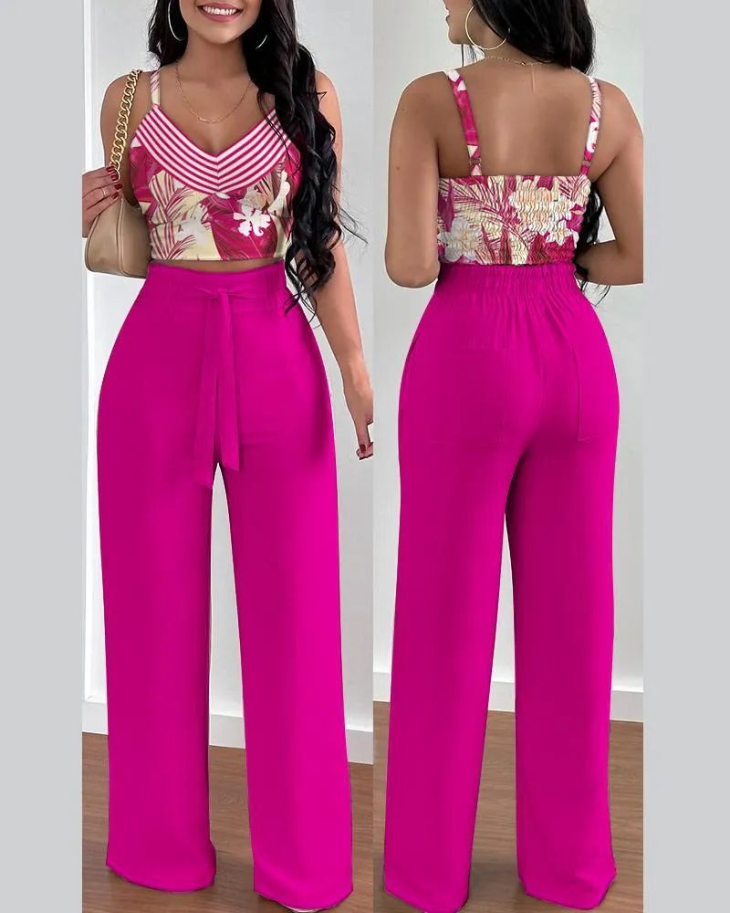 Amozae Two Piece Sets Womens Outifits Summer Fashion Printed Suspenders V Neck Sleeveless Crop Top & Casual Wide-Leg Long Pants Set
