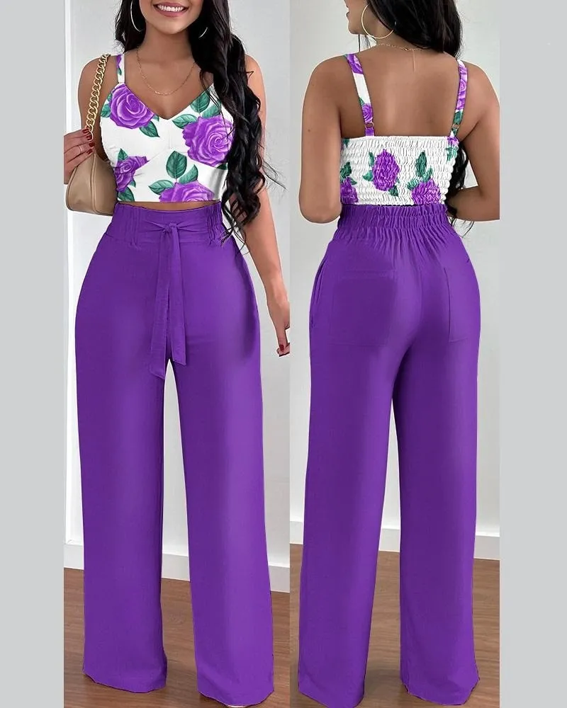 Amozae Two Piece Sets Womens Outifits Summer Fashion Printed Suspenders V Neck Sleeveless Crop Top & Casual Wide-Leg Long Pants Set