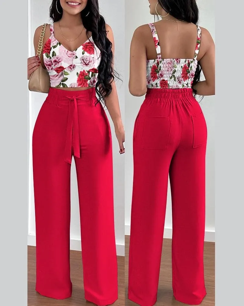 Amozae Two Piece Sets Womens Outifits Summer Fashion Printed Suspenders V Neck Sleeveless Crop Top & Casual Wide-Leg Long Pants Set
