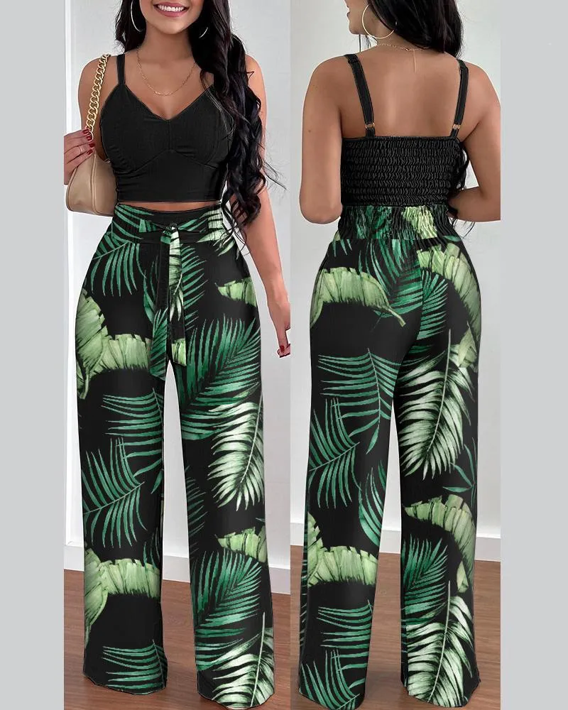Amozae Two Piece Sets Womens Outifits Summer Fashion Printed Suspenders V Neck Sleeveless Crop Top & Casual Wide-Leg Long Pants Set