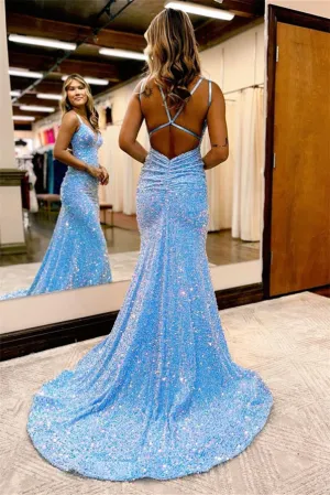 Ballbellas Blue Mermaid Evening Dress Open Back For Grad Party