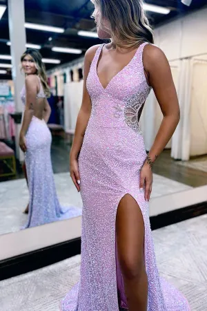 Ballbellas Pink Sequin Mermaid Slit Evening Dress With Appliques Online For Party