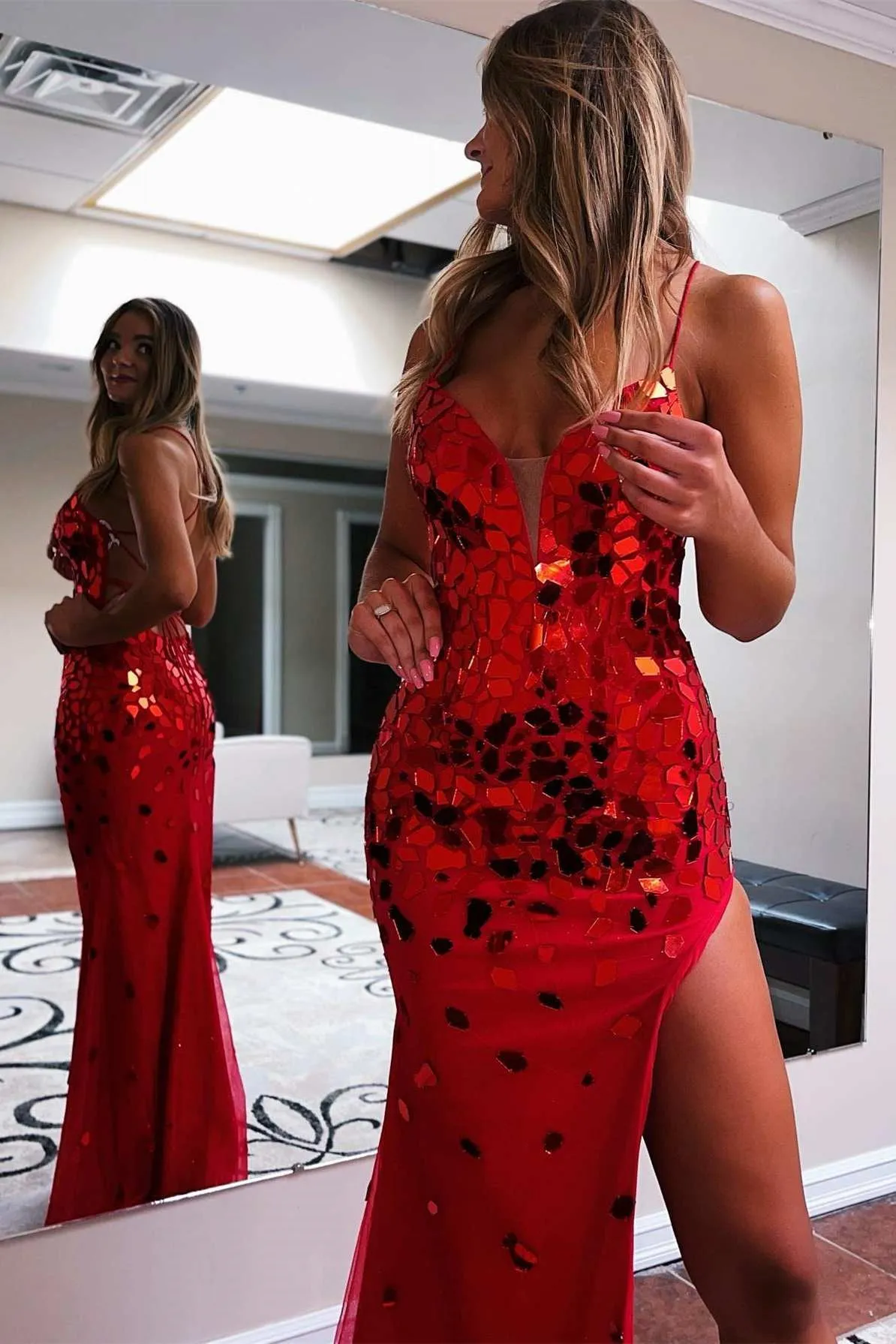 ballbellas Red Sequin Mermaid Spaghetti-Strap Evening Dress With Slit Tulle Online