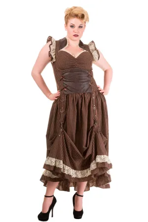 Banned Apparel Long Maxi Brown Black Striped Steampunk Vintage Victorian Corset Dress