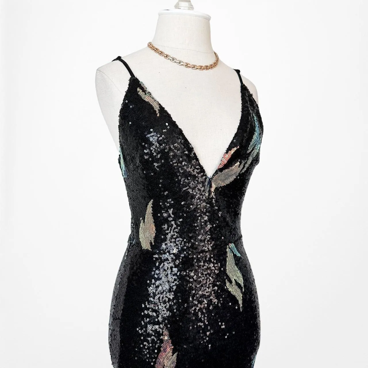 Black Sequin Fit Flared V-Neck Formal Cocktail Prom Dress Size XS/S/M