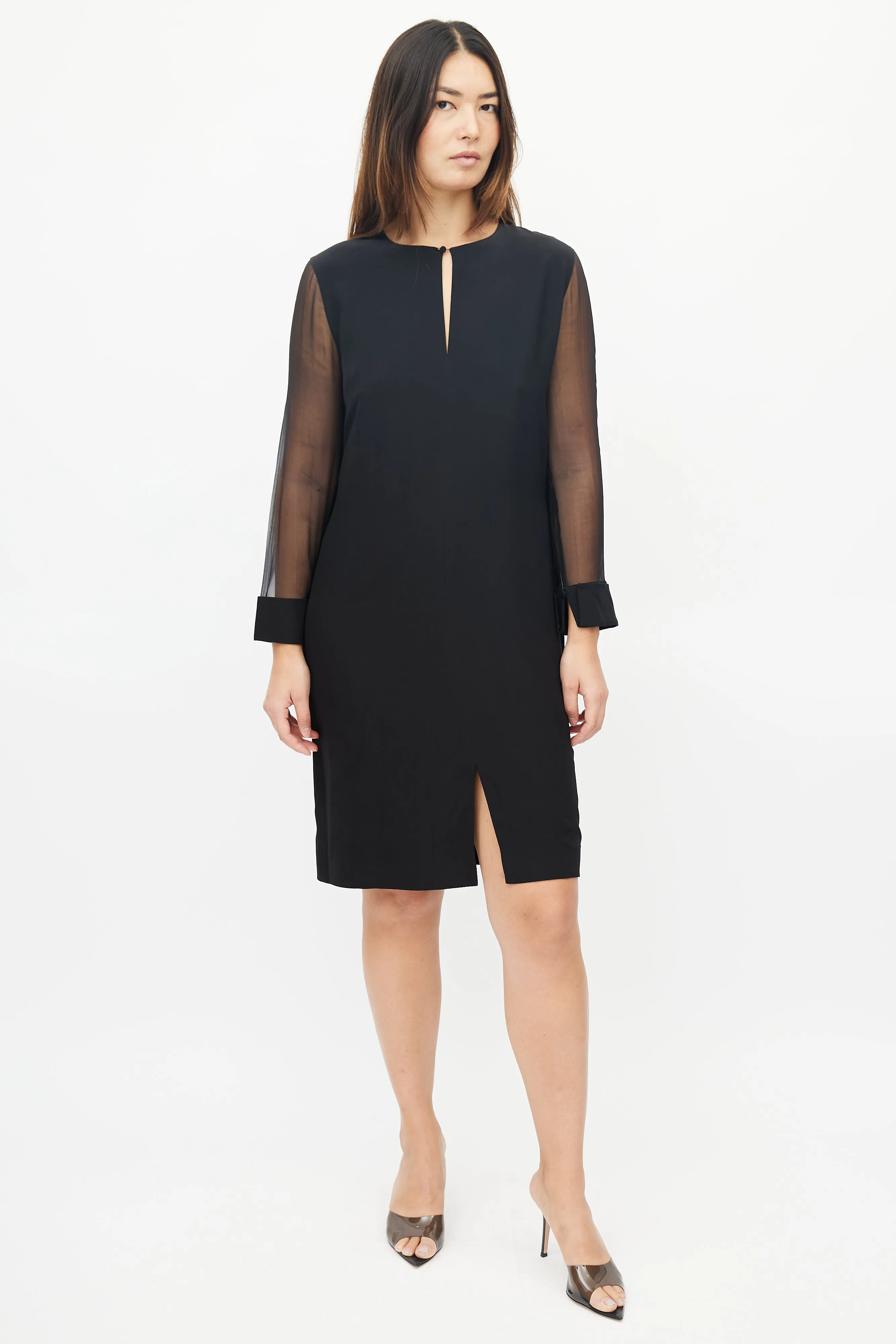 Black Sheer Long Sleeve Midi Dress