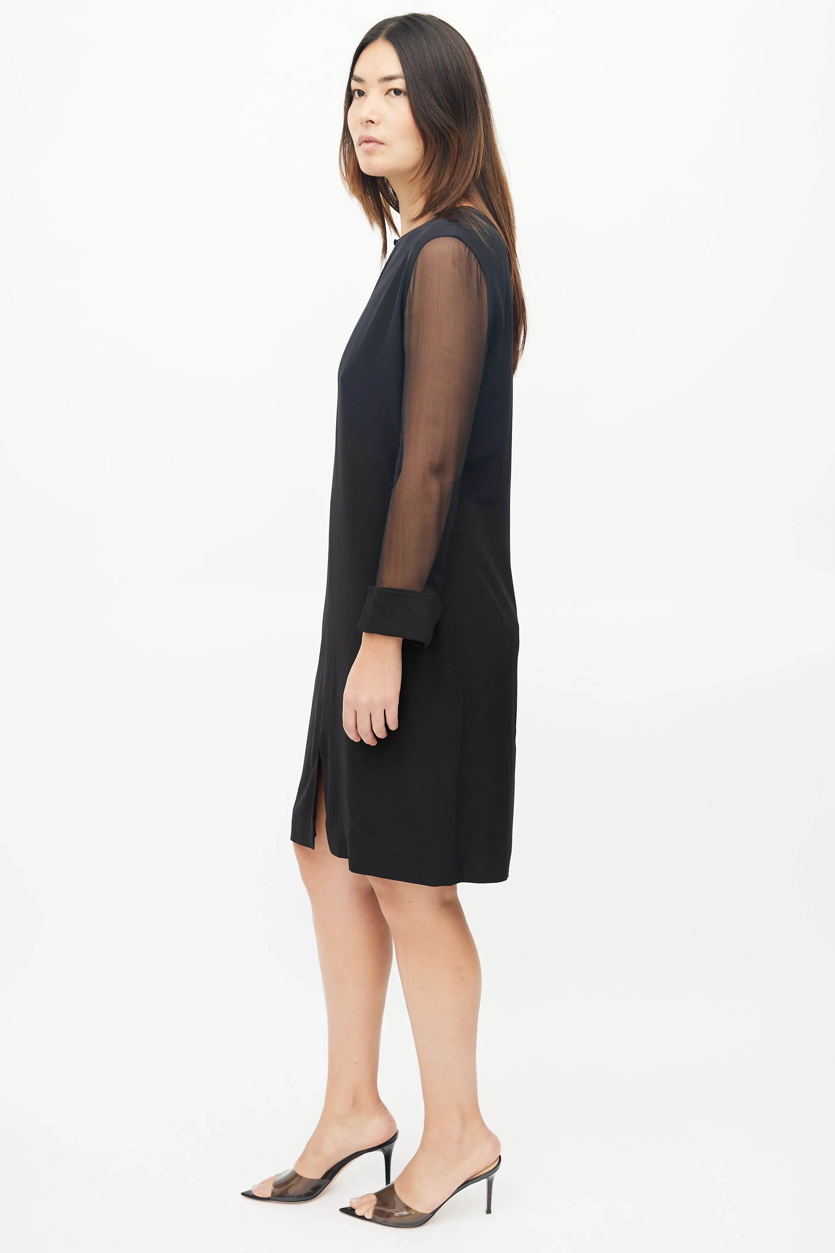 Black Sheer Long Sleeve Midi Dress