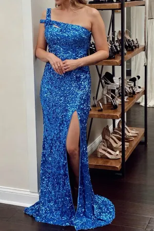 Blue Evening Dress One Shoulder Mermaid Sequin Prom Dress Sparkly With Slit