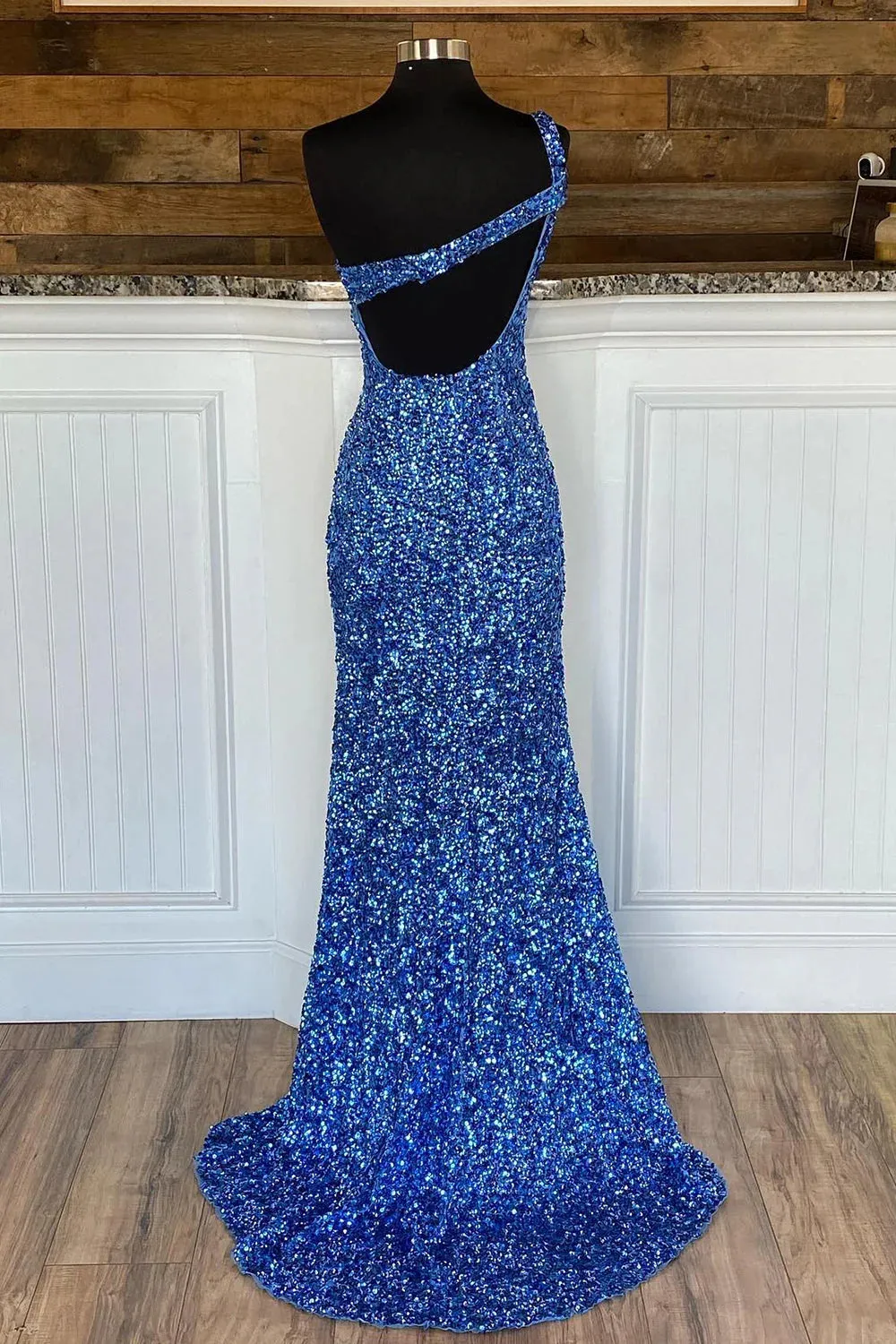 Blue Evening Dress One Shoulder Mermaid Sequin Prom Dress Sparkly With Slit