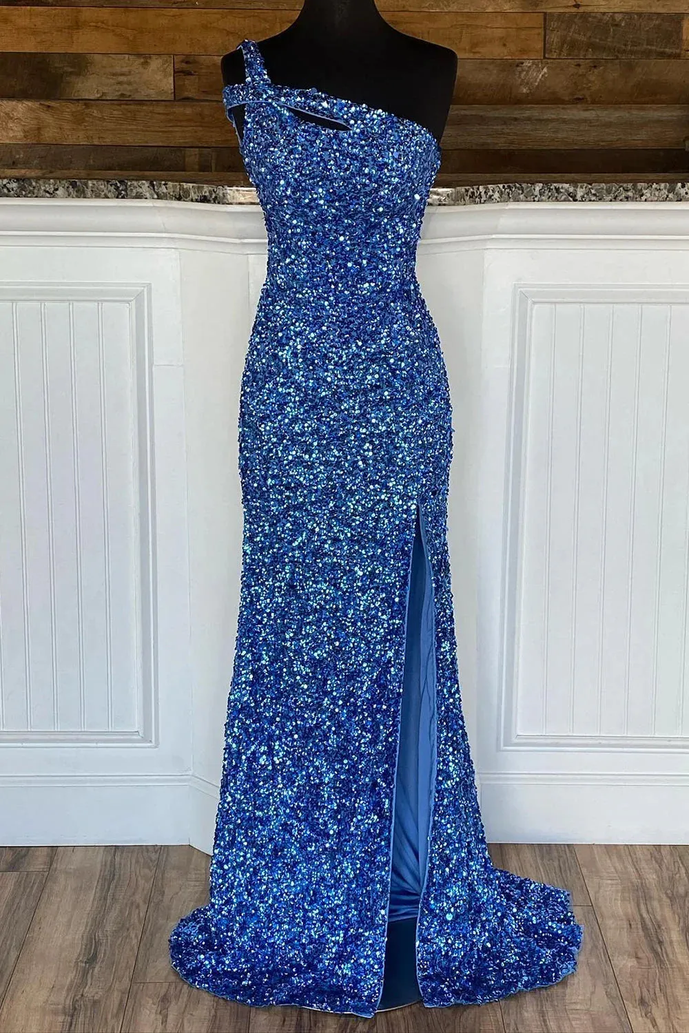 Blue Evening Dress One Shoulder Mermaid Sequin Prom Dress Sparkly With Slit