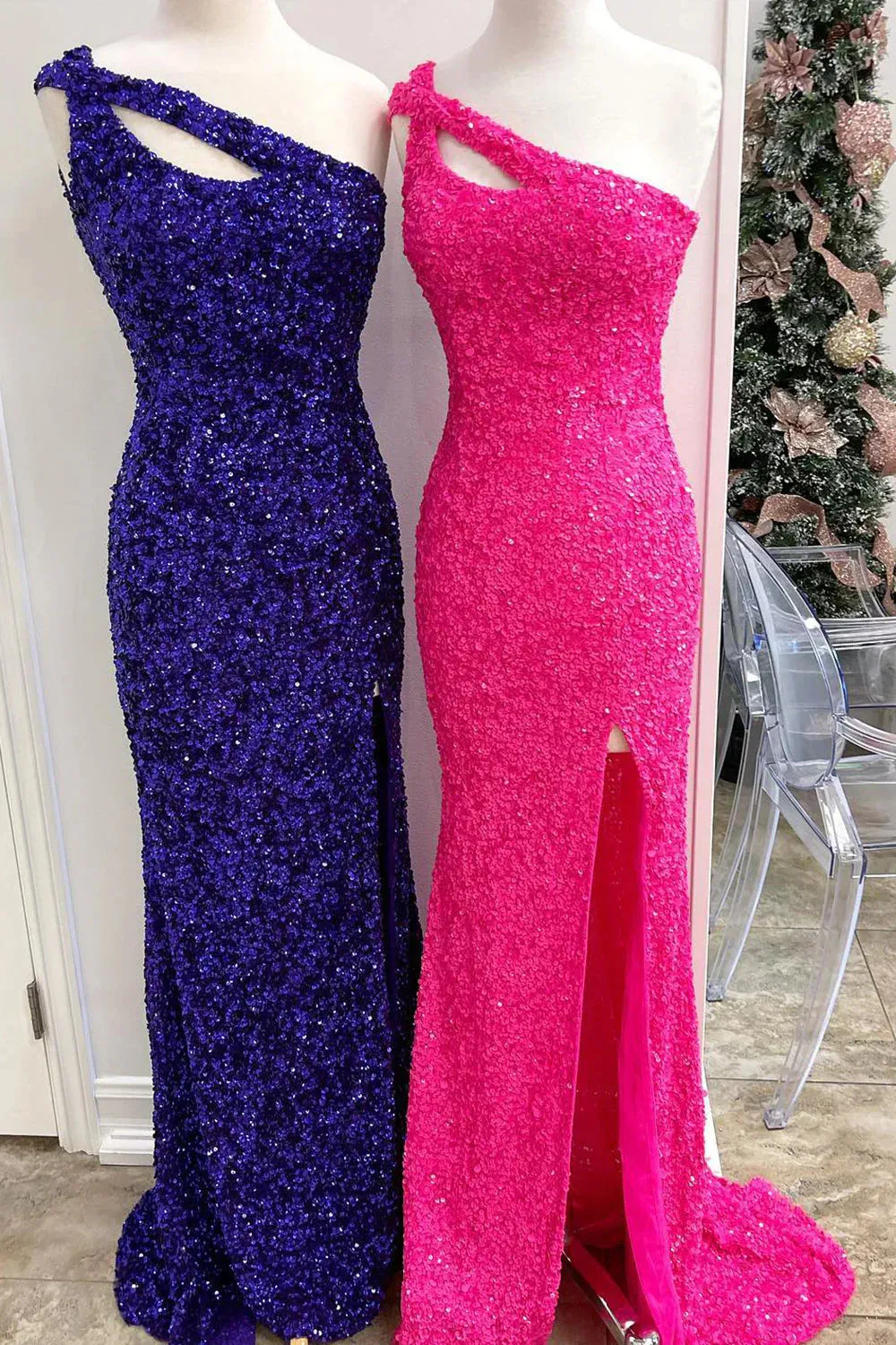 Blue Evening Dress One Shoulder Mermaid Sequin Prom Dress Sparkly With Slit