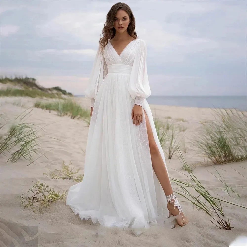 BOHO Vintage Wedding Dress Simple Tulle Bridal Gowns Long Puff Sleeve Sweetheart