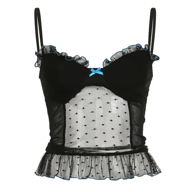 Bow Polka Dot Mesh Patchwork Transparent Black Tanks Tops Y2k Summer Clothes Women 2024 Cute Cami Top P67-CE10