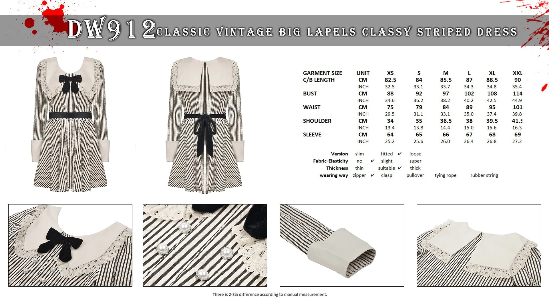 Classic vintage big lapels classy striped dress DW912