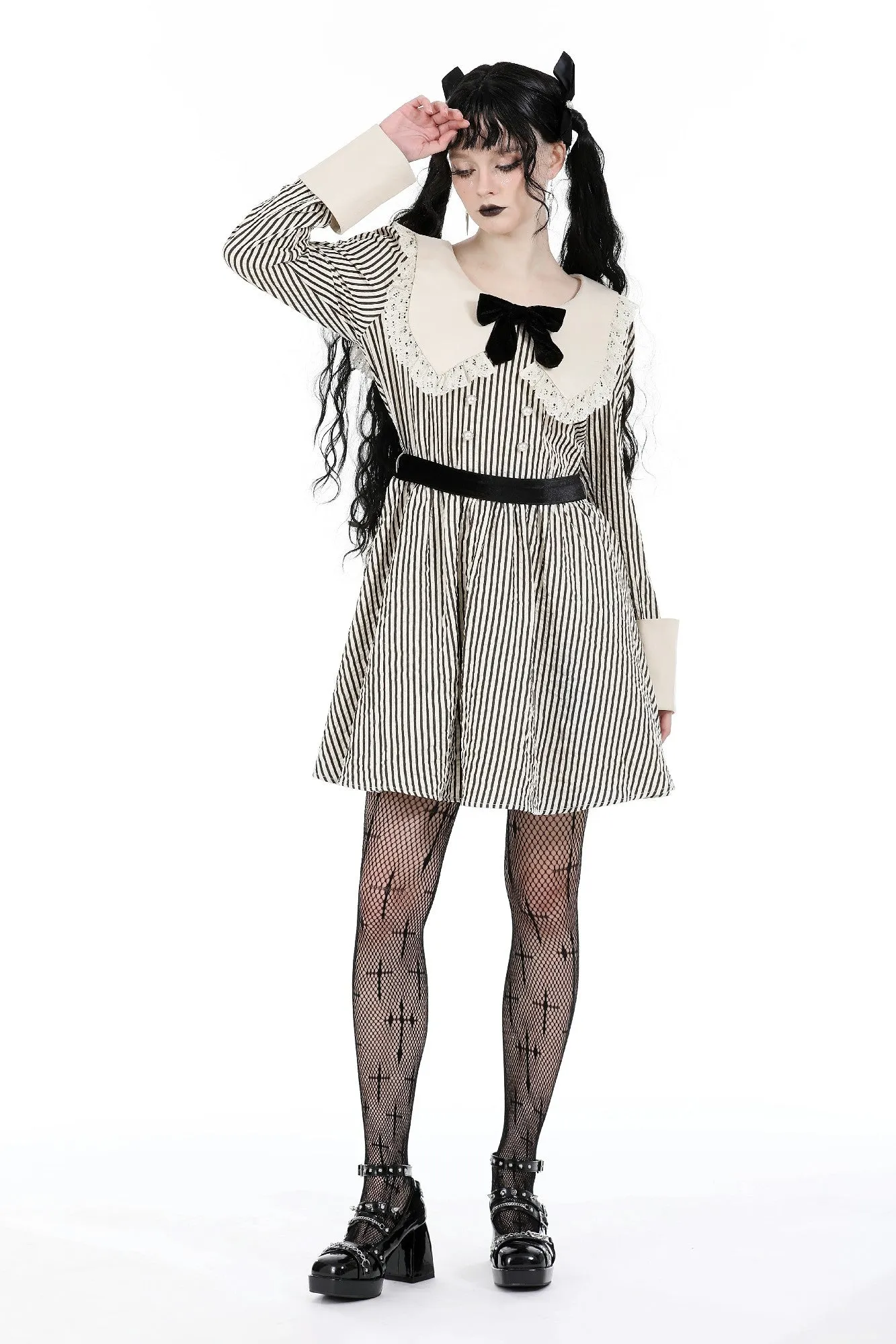Classic vintage big lapels classy striped dress DW912
