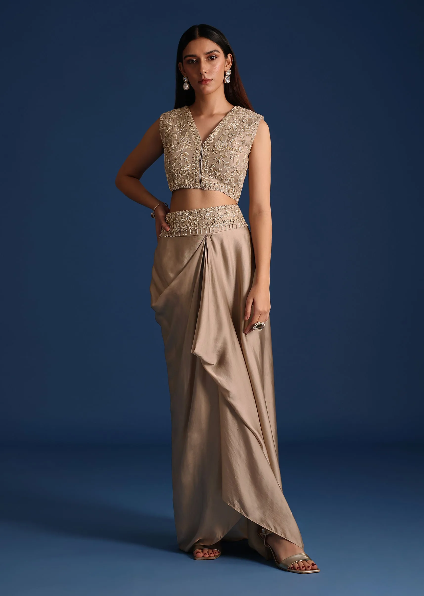 Grey Organza Jacket With Draped Skirt And Crop Top