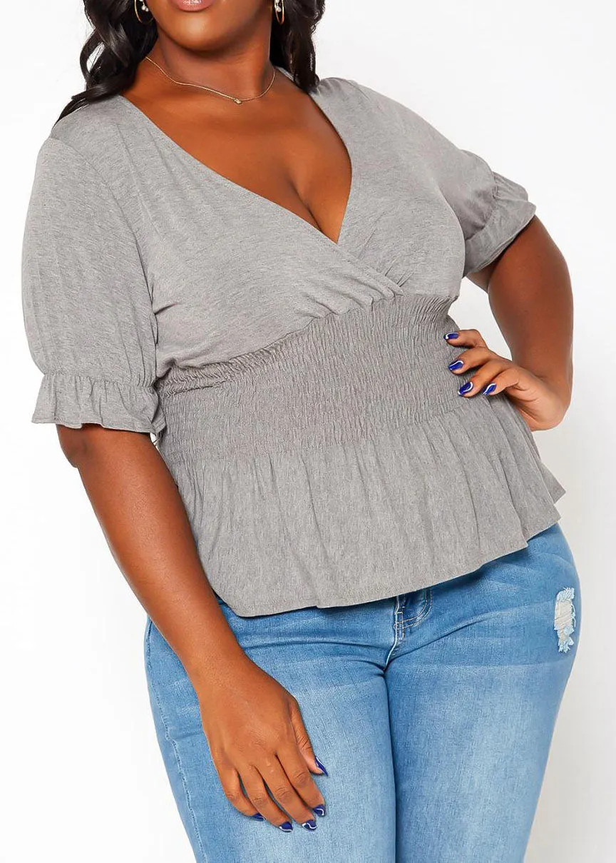 Hi Curvy Plus Size Smocked V Neck Top