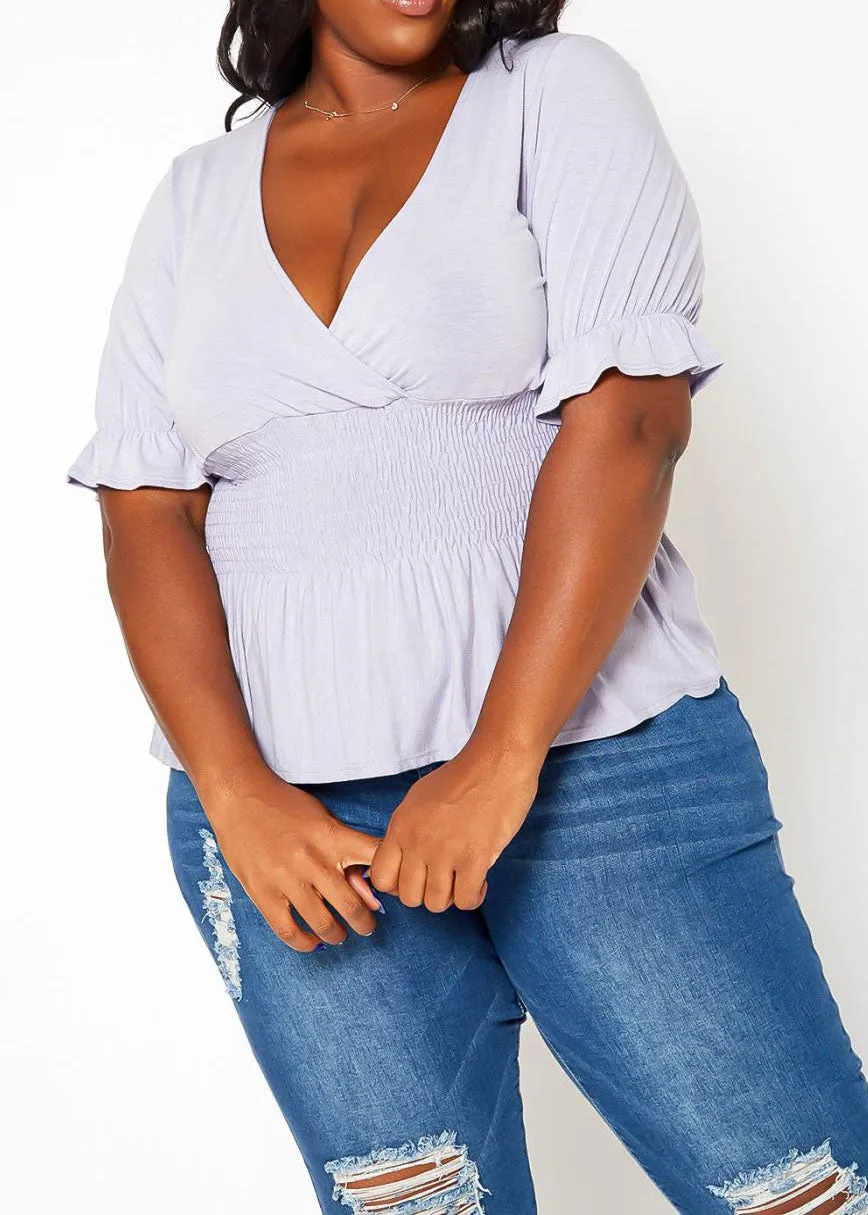 Hi Curvy Plus Size Smocked V Neck Top