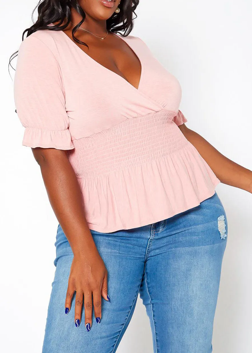 Hi Curvy Plus Size Smocked V Neck Top