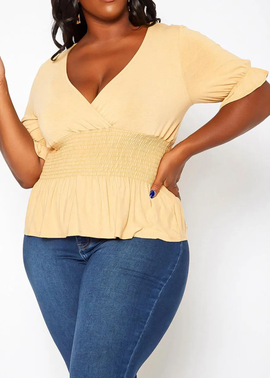 Hi Curvy Plus Size Smocked V Neck Top