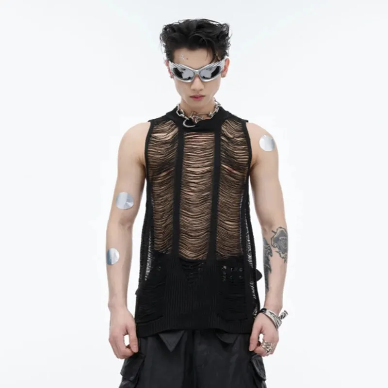 Hollow-out Men's Vest Round Collar Knitting Tank TopS Slim Fit Solid Color Sleeveless Sexy Summer Streetwear 24Y173