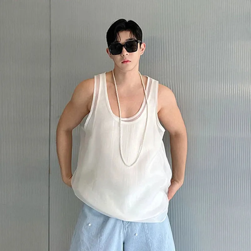Male Personalized Male Vest Versatile Solid Color Double Layered Satin Mesh Two-piece Tank Top Temperament Men Top 9C5944