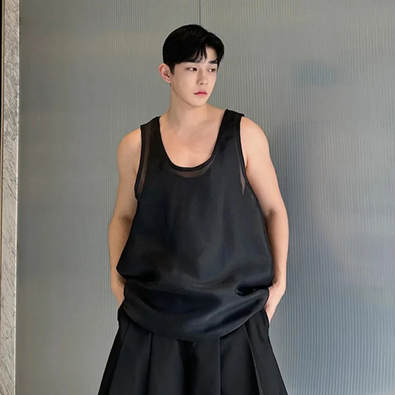 Male Personalized Male Vest Versatile Solid Color Double Layered Satin Mesh Two-piece Tank Top Temperament Men Top 9C5944