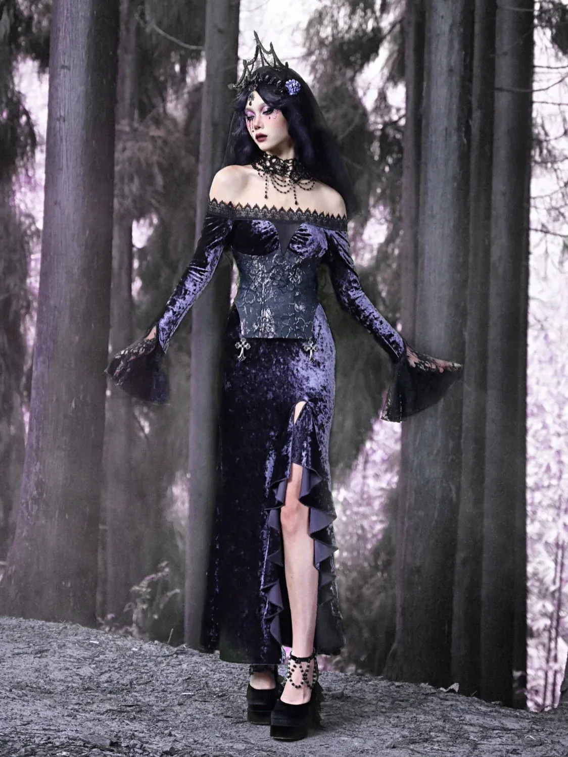 Mermaid Dress Slit One-Shoulder Slim Gothic Luna Velvet