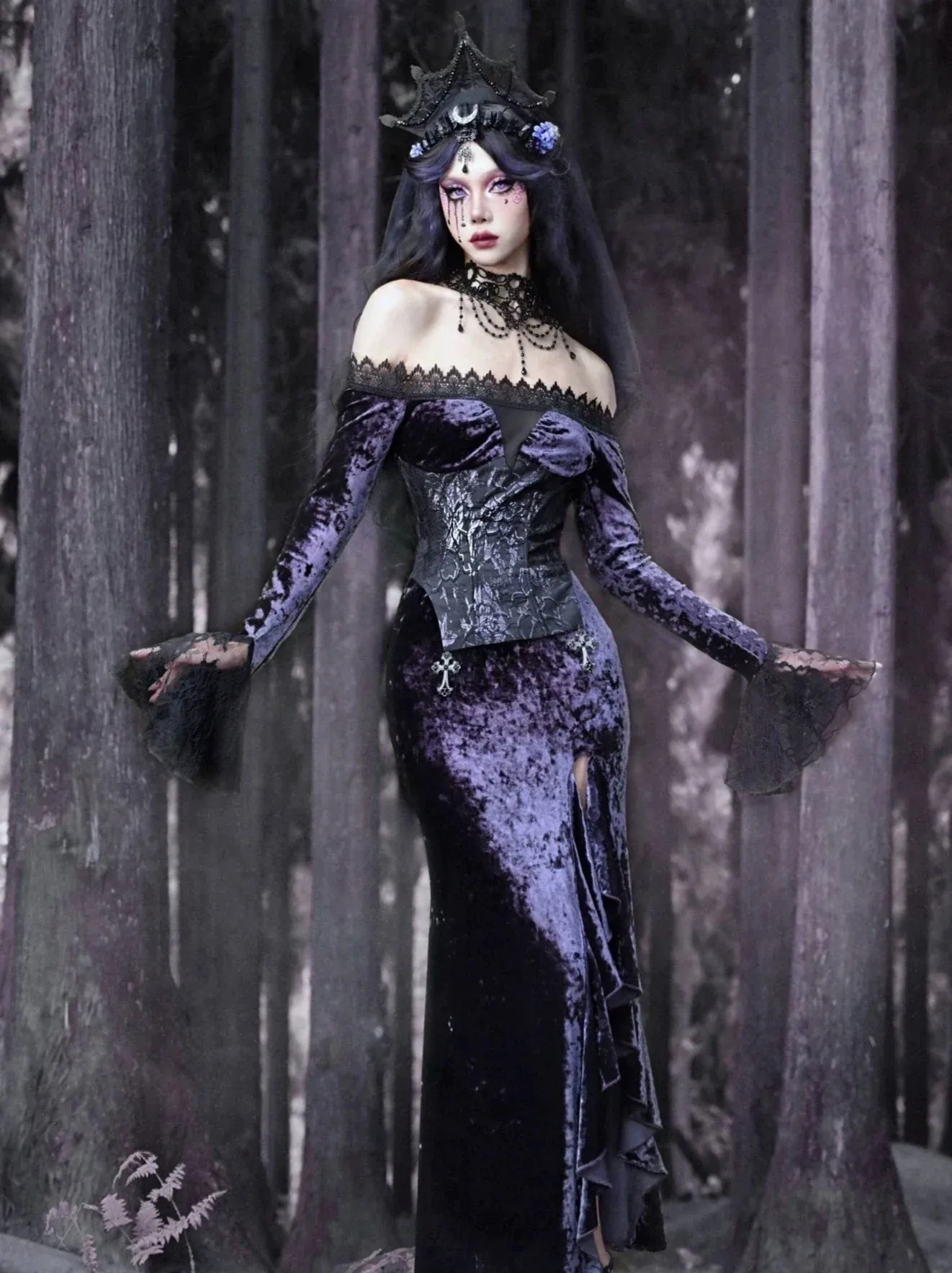 Mermaid Dress Slit One-Shoulder Slim Gothic Luna Velvet