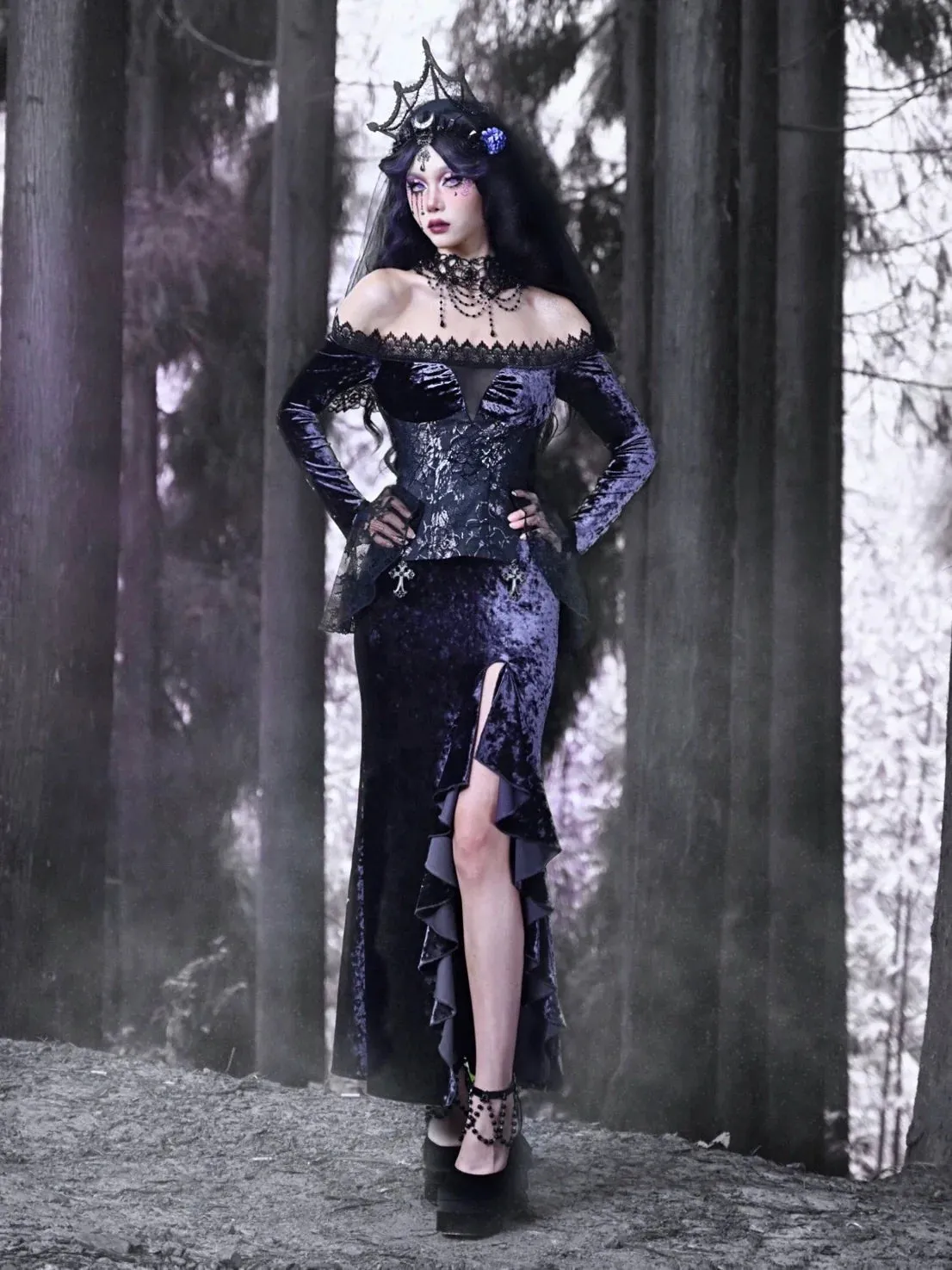 Mermaid Dress Slit One-Shoulder Slim Gothic Luna Velvet