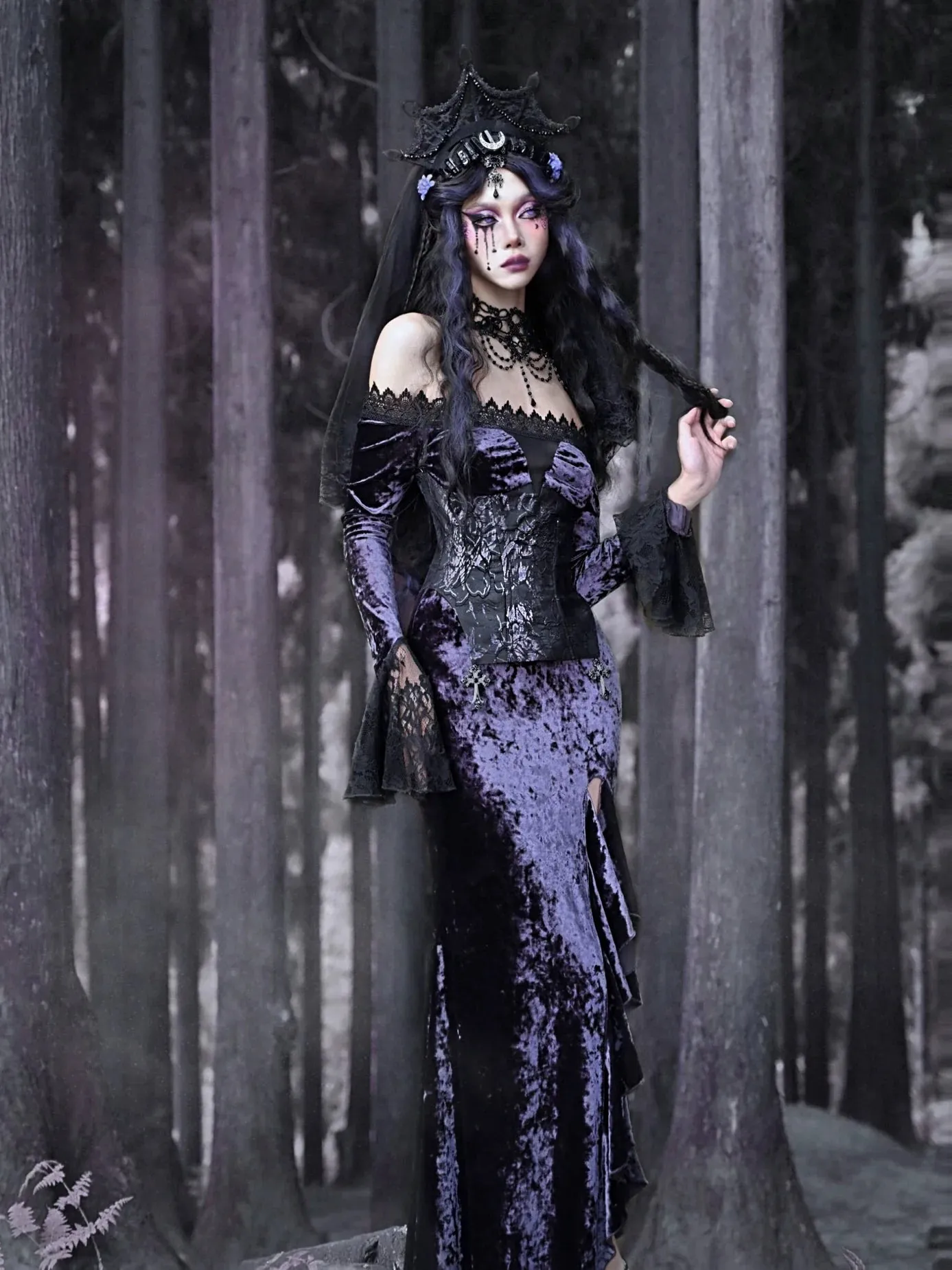 Mermaid Dress Slit One-Shoulder Slim Gothic Luna Velvet