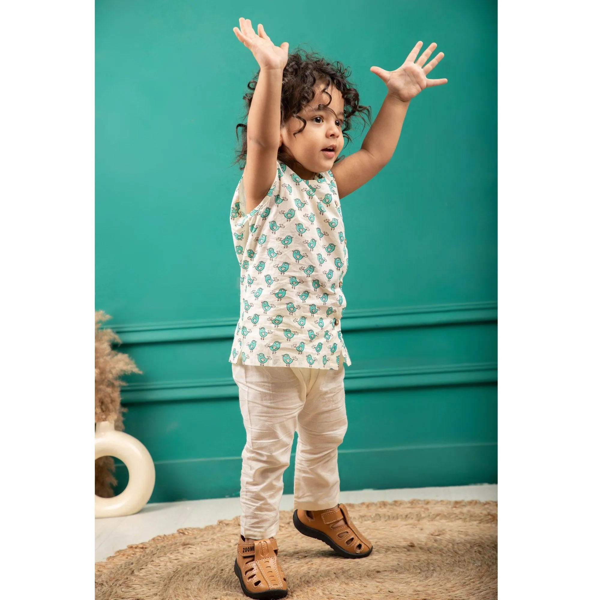 Polka Tots Bird Print Sleeveless Jhabla and Pant Set - Cream & Sea Blue