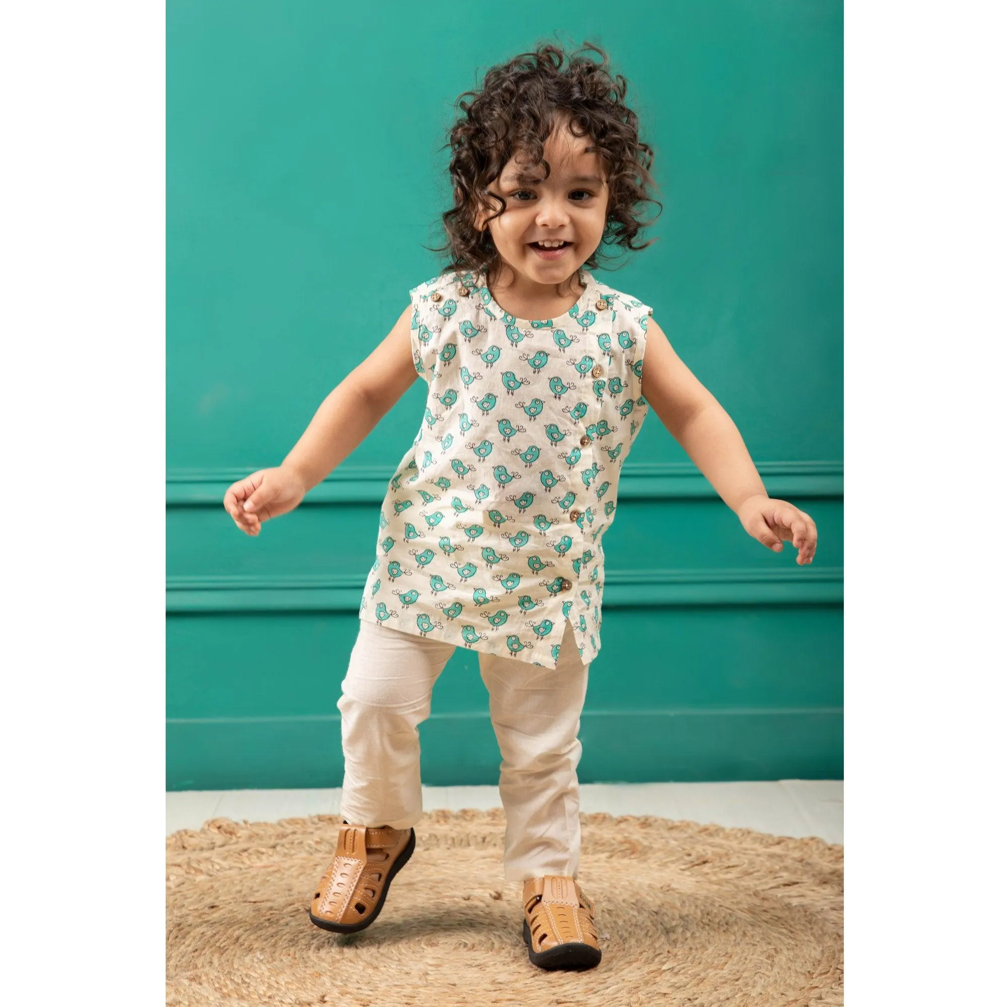 Polka Tots Bird Print Sleeveless Jhabla and Pant Set - Cream & Sea Blue