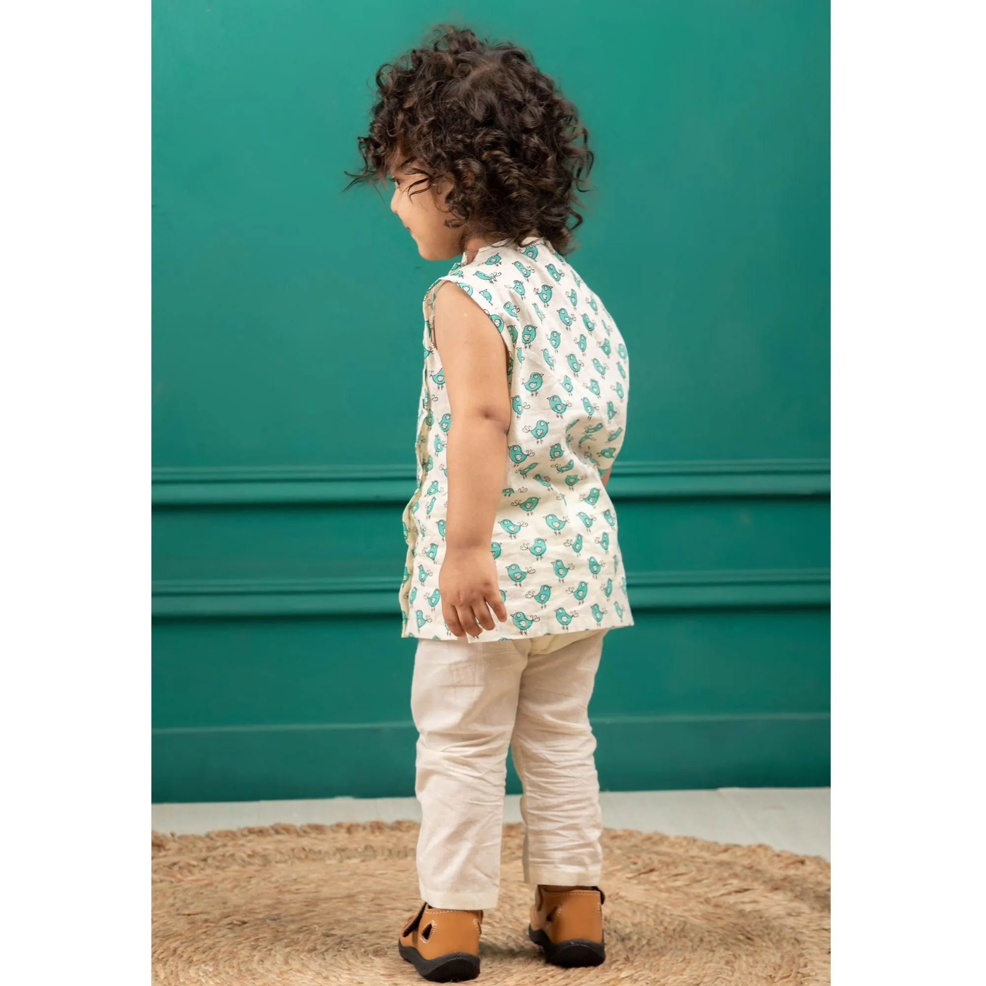 Polka Tots Bird Print Sleeveless Jhabla and Pant Set - Cream & Sea Blue