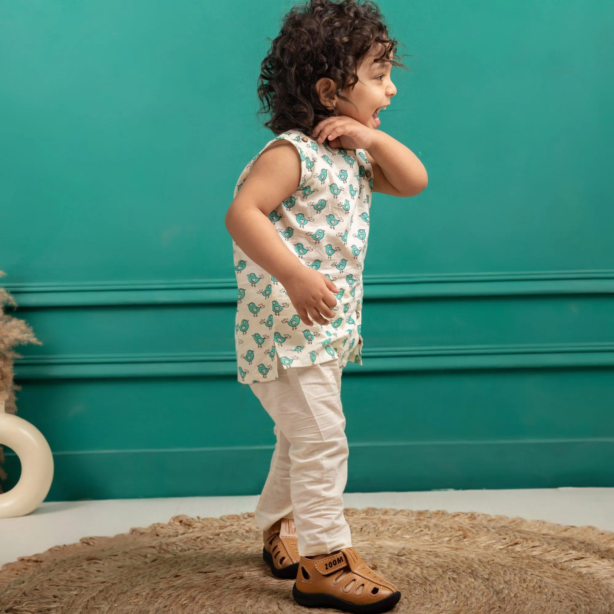 Polka Tots Bird Print Sleeveless Jhabla and Pant Set - Cream & Sea Blue