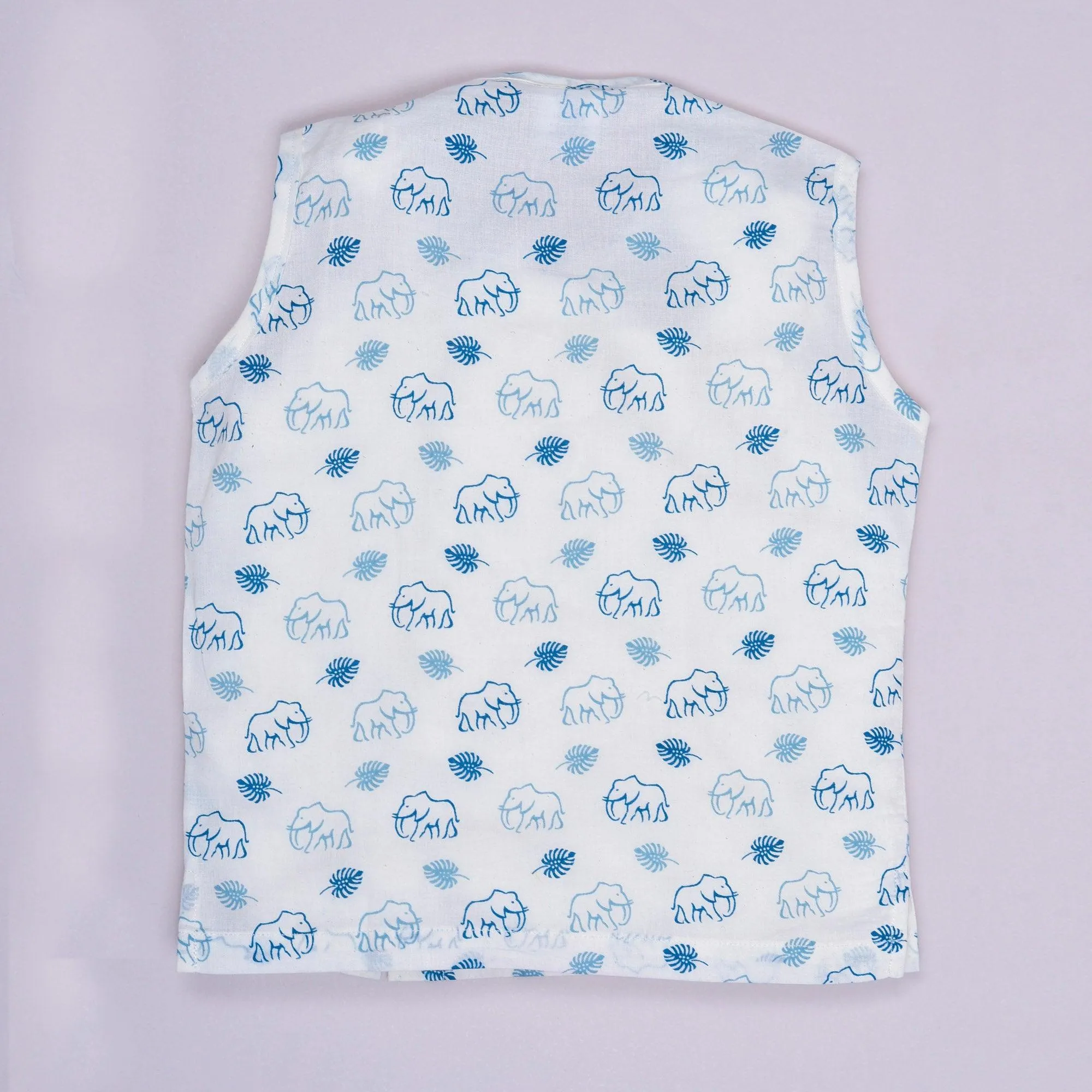 Polka Tots Elephant Print Sleeveless Jhabla and Pant Set - White & Blue