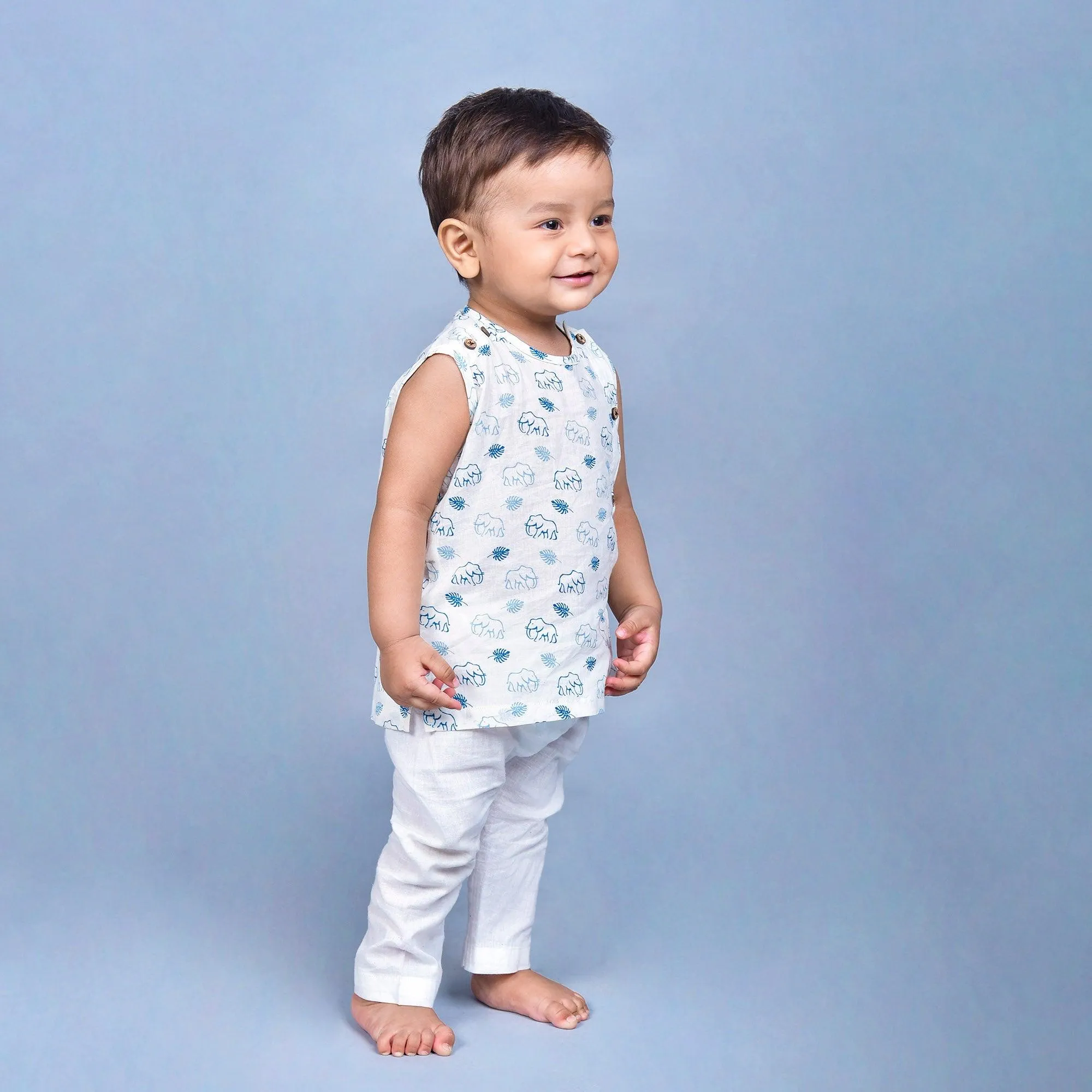 Polka Tots Elephant Print Sleeveless Jhabla and Pant Set - White & Blue