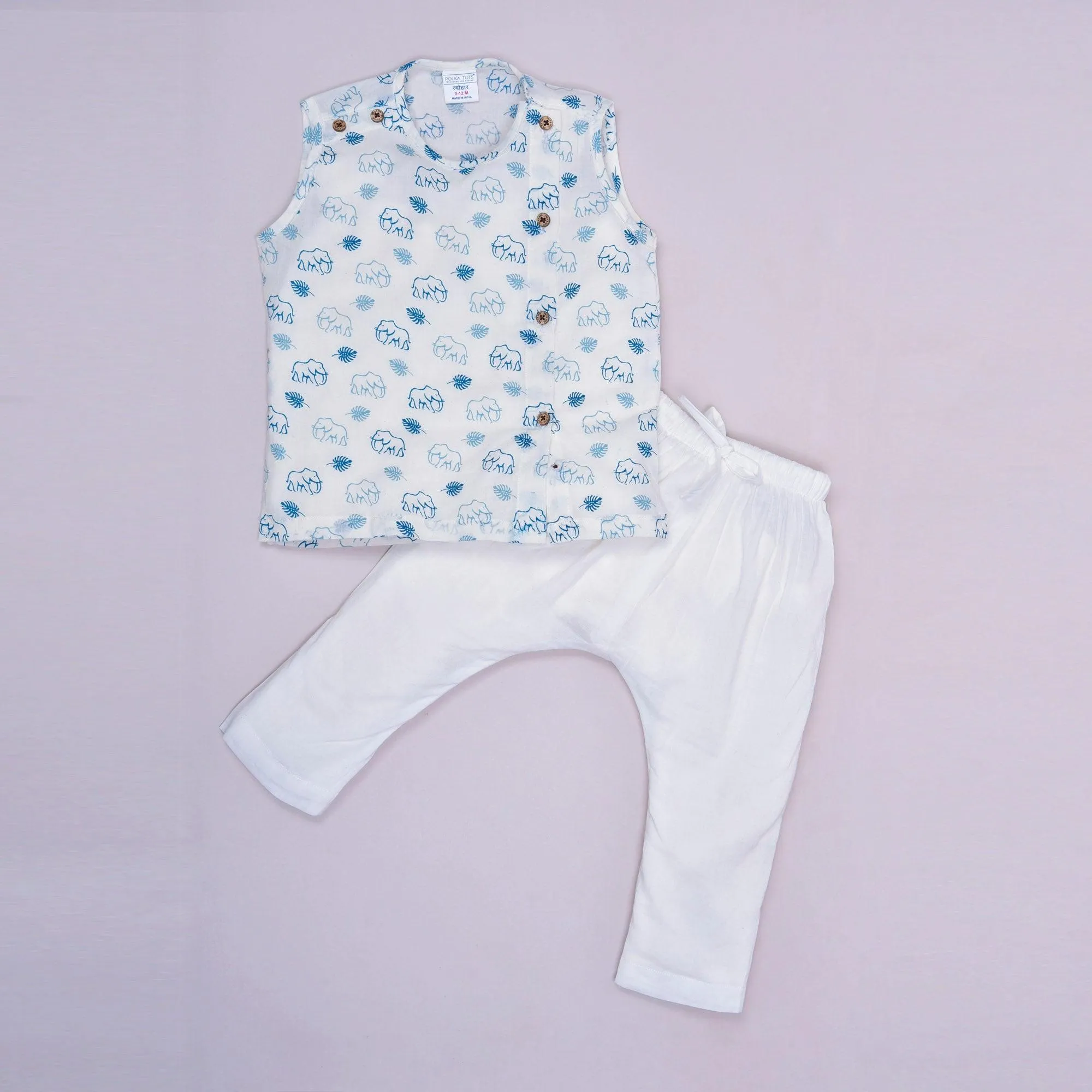 Polka Tots Elephant Print Sleeveless Jhabla and Pant Set - White & Blue