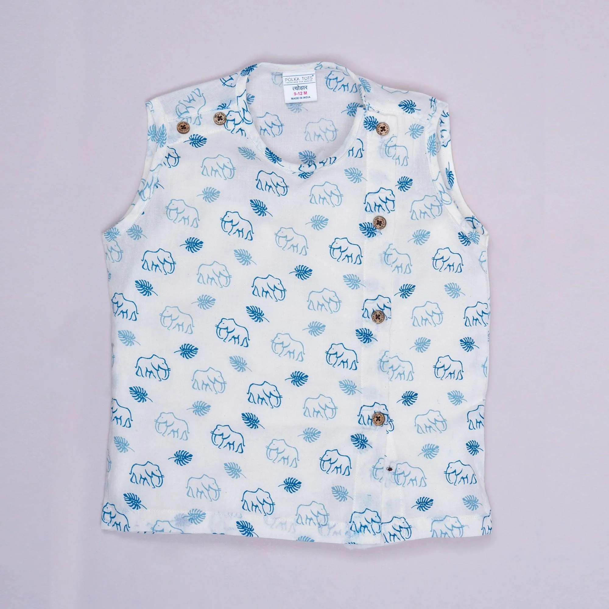 Polka Tots Elephant Print Sleeveless Jhabla and Pant Set - White & Blue
