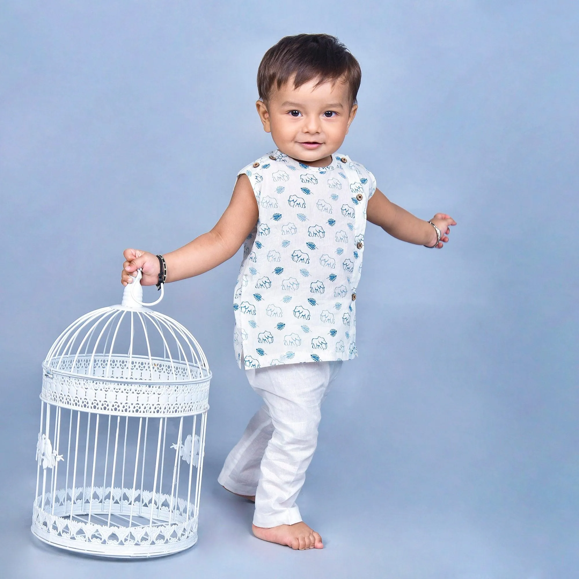 Polka Tots Elephant Print Sleeveless Jhabla and Pant Set - White & Blue