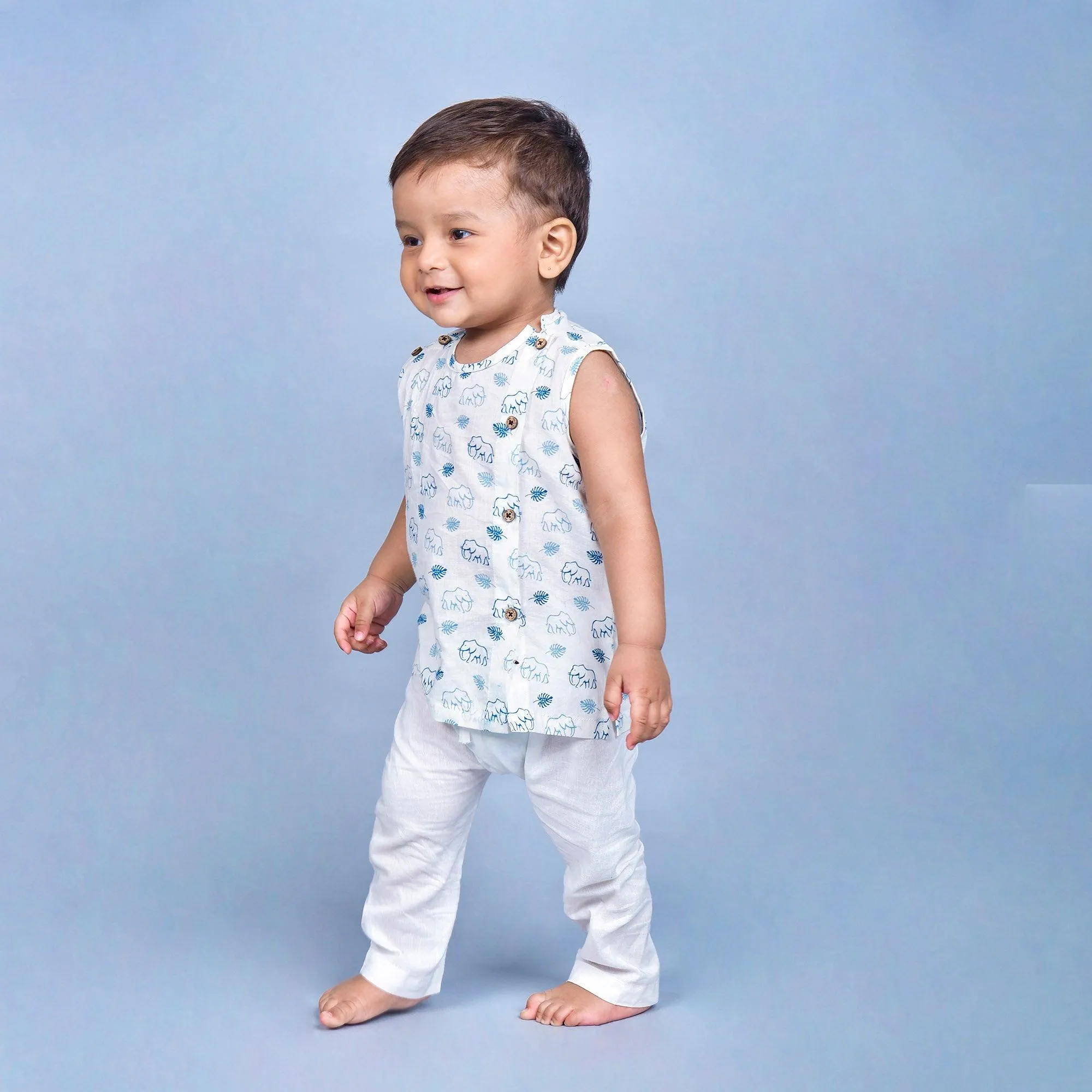 Polka Tots Elephant Print Sleeveless Jhabla and Pant Set - White & Blue
