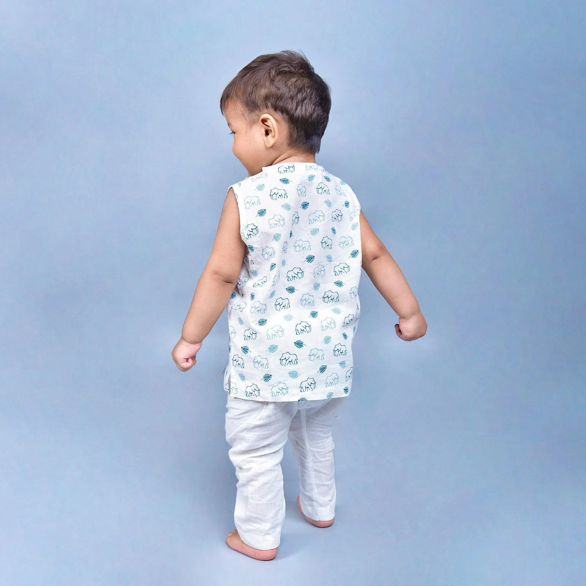 Polka Tots Elephant Print Sleeveless Jhabla and Pant Set - White & Blue